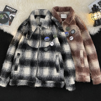 男装春秋新款韩版潮流翻领格子时尚百搭毛呢夹克宽松痞帅男士外套