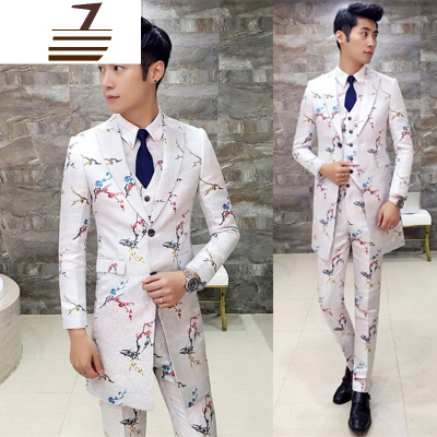 NEWLAKE男韩修身提花中长款西服套装潮流青年休闲夜店舞台礼服西装三件套