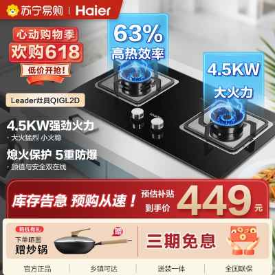 海尔智家统帅(leader)燃气灶JZT-QIGL2D 天然气4.5kW大火力台式嵌入式厨房家用双灶灶具双眼灶