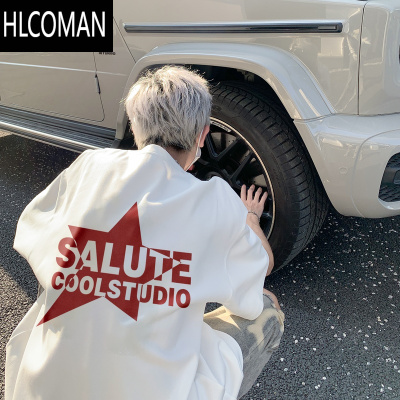 HLCOMAN夏季美式潮牌宽松短袖T恤男2025新款字母印花情侣圆领T恤