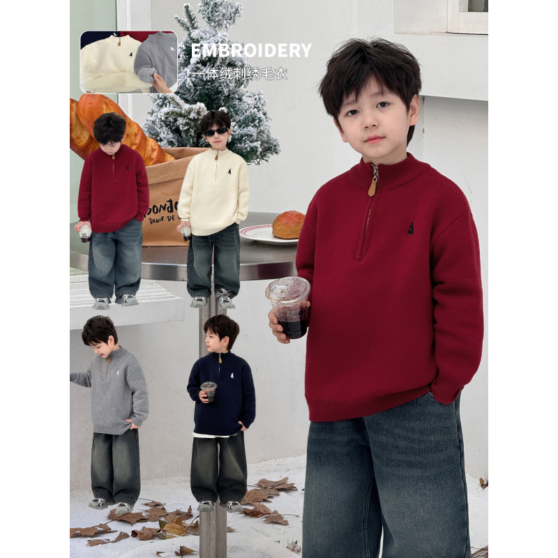 童酷男童冬季新款韩版刺绣宝宝针织衫纯色拉链领宽松儿童毛衣