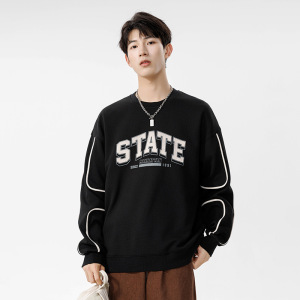 男装秋冬新款凹凸格卫衣男韩版潮牌字母印花卫衣宽松套头圆领上衣