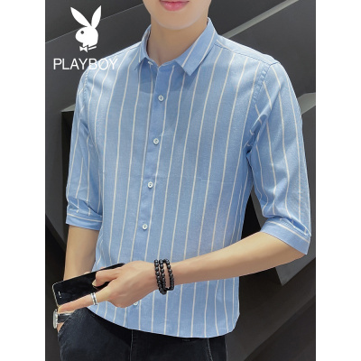 花花公子2021夏季新款男士薄款短袖休闲修身七分袖条纹潮流衬衣男