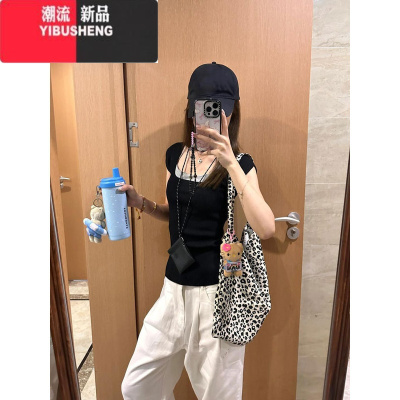 YIBUSHENG美式黑色针织方领正肩短袖t恤女季修身显瘦收腰甜辣妹短款上衣