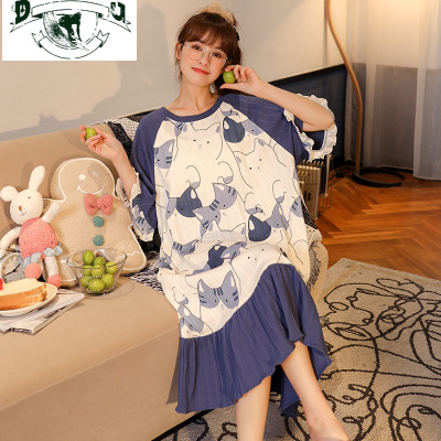 HLCOMAN棉睡裙女夏季薄款甜美可爱卡通学生家居服春秋韩版宽松短袖睡衣睡裙