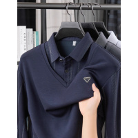 新款男士长袖T恤秋季翻领商务polo衫中年宽松休闲假两件打底衫男