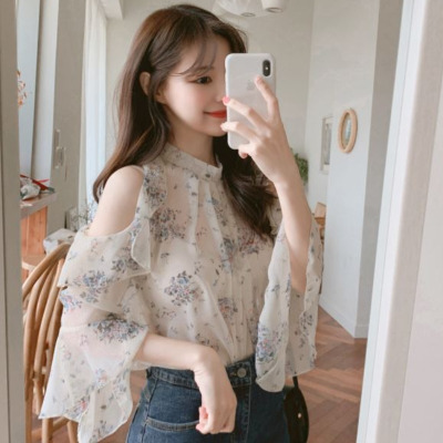 苏芈小心机露肩印花上衣女2021夏季新款韩范超仙衬衫性感碎花雪纺衫