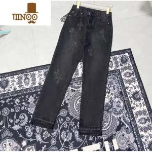 YANXU美式潮牌CH克罗直筒黑色牛仔裤高街男女休闲皮标水洗长裤潮