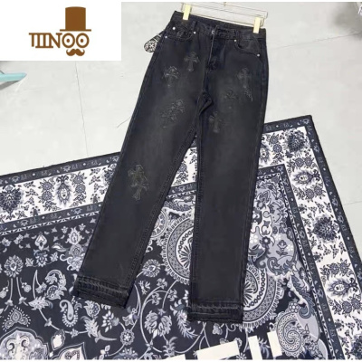 YANXU美式潮牌CH克罗直筒黑色牛仔裤高街男女休闲皮标水洗长裤潮