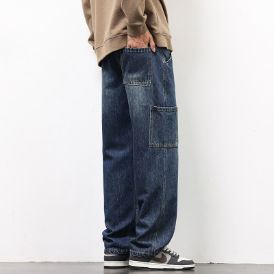 机能风直筒工装牛仔裤 男士侧边口袋裤 复古蓝水洗宽松阔腿长裤男