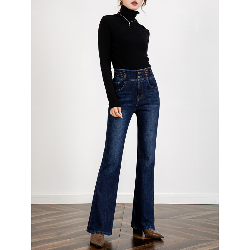 刺绣微喇牛仔裤女冬季复合绒高腰弹力显瘦加长拖地喇叭裤