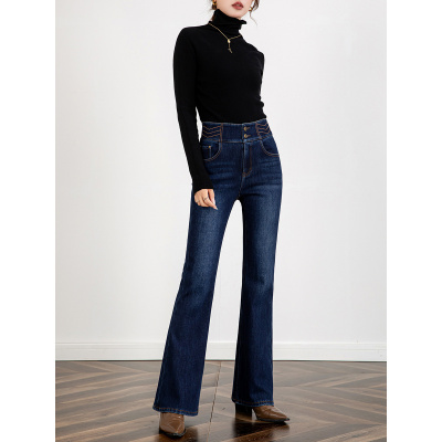 刺绣微喇牛仔裤女冬季复合绒高腰弹力显瘦加长拖地喇叭裤