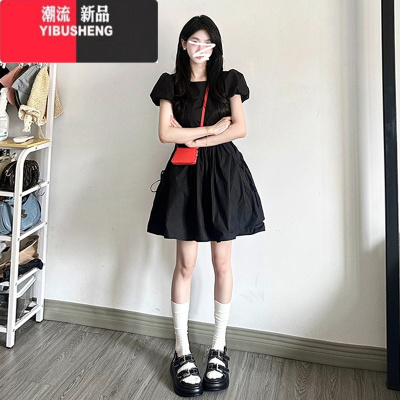 YIBUSHENG小个子赫本风黑色连衣裙女2024新款设计感小众绝美收腰露背短裙