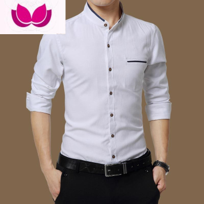 七斓秋季中年男士长袖衬衫小立领爸爸装免烫商务修身圆领小领薄款衬衣