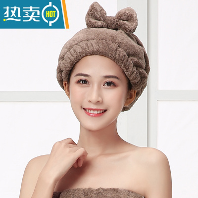 敬平日式韩风成人浴帽干发帽男女长发短发吸水毛巾擦头发速干包头巾 蝴蝶结帽-茶褐色