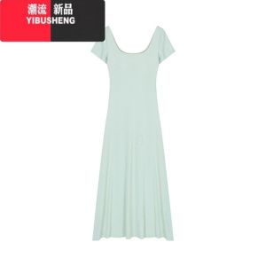 YIBUSHENG简约纯色方领修身短袖连衣裙女装季收腰显瘦带胸垫长裙