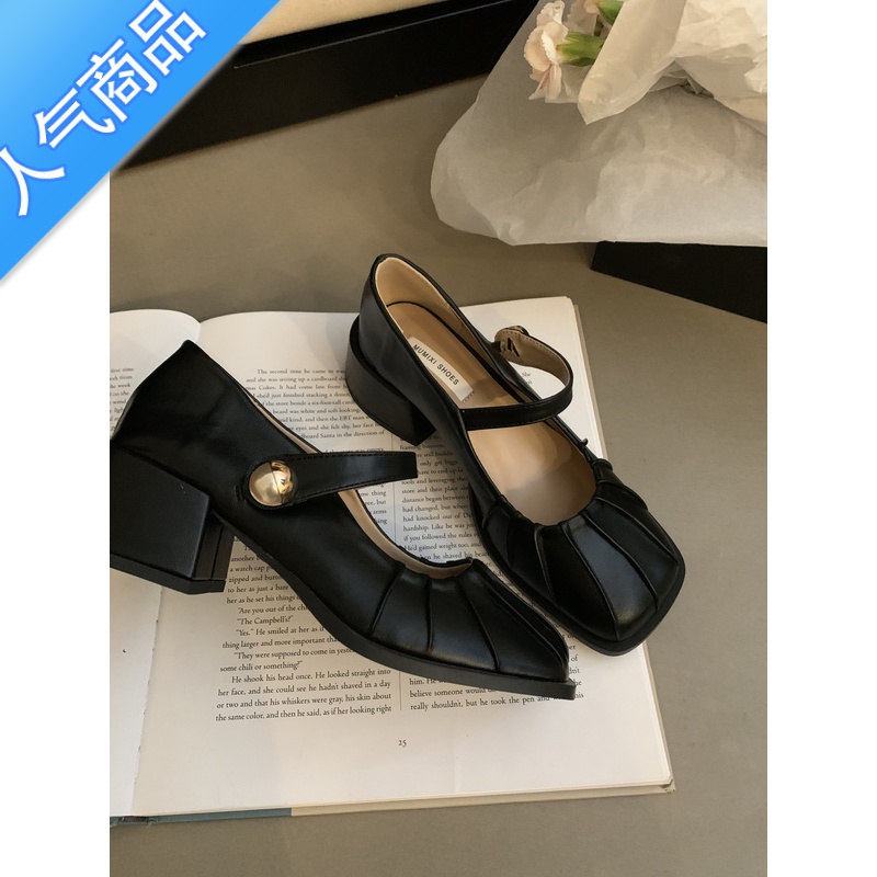 SUNTEK复古褶皱方头一字扣带玛丽珍小皮鞋法式粗跟中跟高跟奶奶单鞋子女