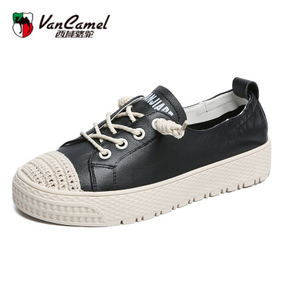 西域骆驼品牌真皮渔夫鞋女2021年春季新款牛皮百搭平底懒人一脚蹬麻绳单鞋子透气小白鞋女