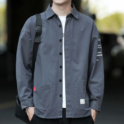 棉男士长袖水洗衬衫春季工装韩版休闲宽松印花男生衬衣外套男士衬衫诺妮梦