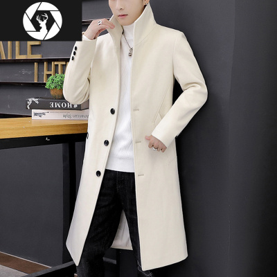 HongZun风衣男秋冬季长款过膝修身韩版毛呢外套加棉加厚中长款帅气呢大衣毛呢大衣