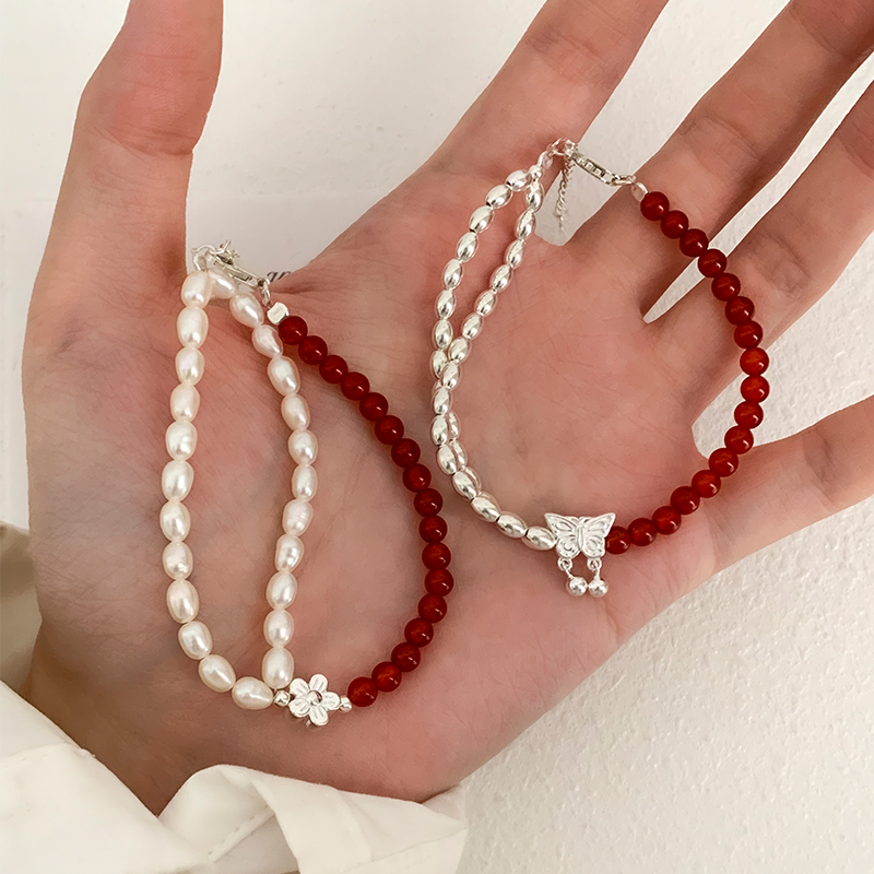 s925纯银天然珍珠红玛瑙蝴蝶手链女ins风秋冬手串新中式银饰