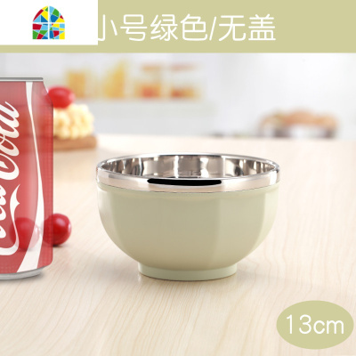 304不锈钢碗家用双层隔热碗宝宝防摔碗汤碗儿童吃饭碗 FENGHOU 小号蓝色/无盖