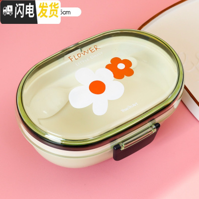 三维工匠创意日系可爱卡通保鲜便当餐饭盒家用学生儿童分格水果盒带盖便携 绿色两朵花