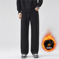 高级黑色男士牛仔裤秋冬款美式高街宽松直筒阔腿休闲加绒长裤