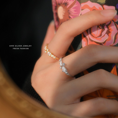 s999足银超闪星点锆石戒指女轻奢优雅高级小众气质镂空活口戒批发送女朋友老婆情人节七夕生日礼物