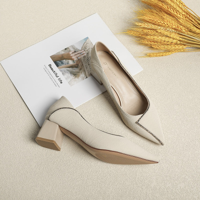 Ideamini高跟鞋女2021年夏季新款气质百搭网红法式尖头软皮浅口粗跟单鞋子