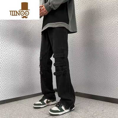 YANXU工装牛仔裤男秋季水洗拉链开叉微喇裤子美式高街宽松直筒休闲长裤