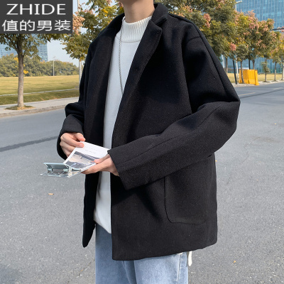 SUNTEK日系复古毛呢西装外套男士港风垂感炸街宽松帅气休闲短款呢子风衣风衣