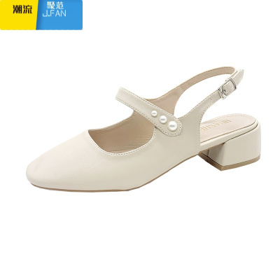 聚范包头凉鞋女仙女风粗跟2021年夏季新款珍珠中跟百搭温柔玛丽珍单鞋