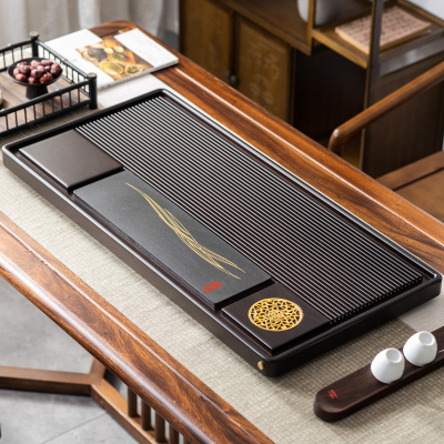 MULTIPOTENT茶盘茶托实木办公家用排水式茶台竹木禅语茶盘黑檀色80*32cm