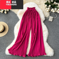 YIBUSHENG日穿搭高腰绑带百搭休闲裤女微胖大码显瘦遮肉垂坠感阔腿百褶裤