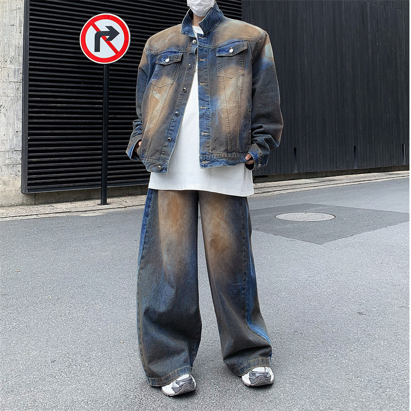 男装废土洗牛仔夹克套装男春秋季新款美式复古立领时尚两件套