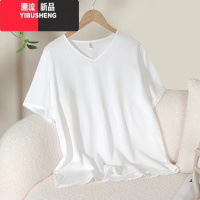 YIBUSHENG白色宽松女装季上衣短袖V领大码中长绵绸简约纯色T恤打底衫