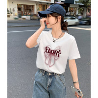 [2.5折价54.4元叠加优惠券]唐狮夏季女圆领前胸蝴蝶结图案短袖T恤减龄休闲百搭甜美韩系