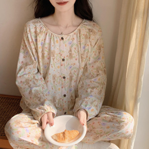 秋冬季睡衣女士开衫棉质长袖韩版可爱卡通休闲外穿宽松家居服套装