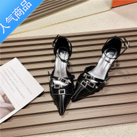 SUNTEK高级一字带包头中空凉鞋女细跟2023年春夏新款尖头酷帅铆钉高跟鞋