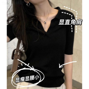黑色POLO领短袖夏季新款高级感修身小个子别致锁骨甜辣妹上衣女潮