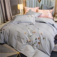 美帮汇新中式四件套全棉全棉肌理纹贡缎刺绣简约花卉床单被套床上用品