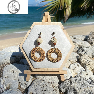 JiMi两颗西柚 夸张海边沙滩手工编织藤编925银耳环复古长款度假风耳夹