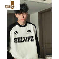 YANXU美式潮牌宽松薄款拼接长袖T恤男款秋季高街风字母印花插肩打底衫