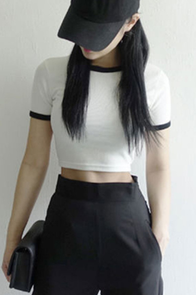 露肚脐修身短袖T恤女夏纯色圆领短款打底衫插色上衣韩国女装