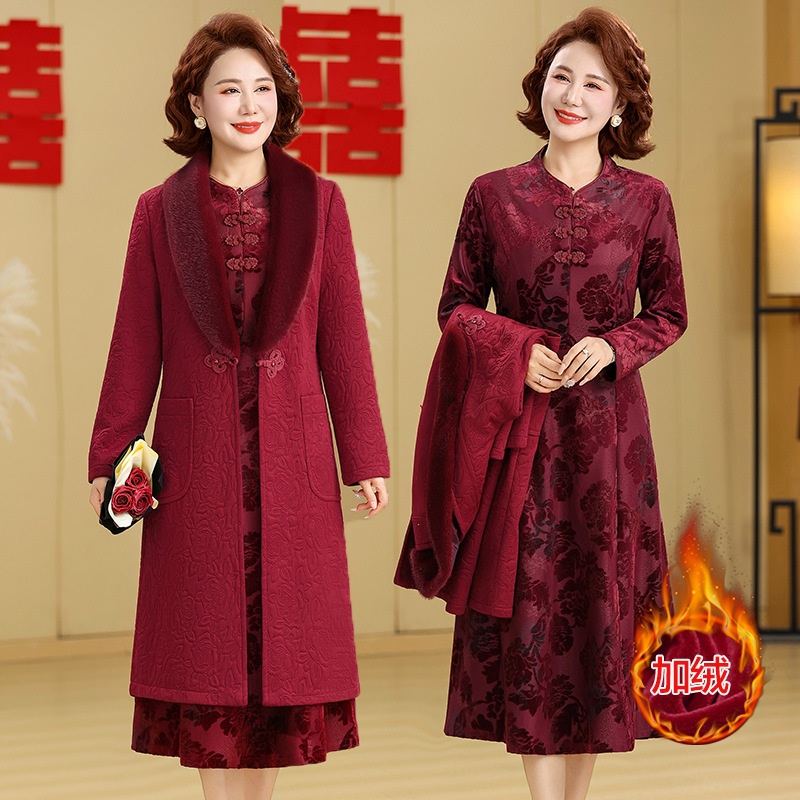 喜婆婆婚宴装新款加绒加厚结婚礼服两件套中老年妈妈连衣裙