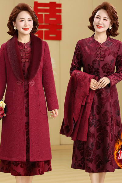 喜婆婆婚宴装新款加绒加厚结婚礼服两件套中老年妈妈连衣裙