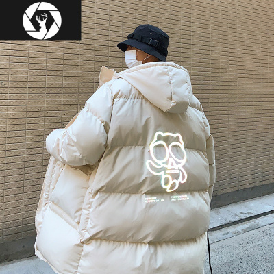 HongZun羽绒棉服男潮牌中长款反光棉衣情侣装连帽宽松加厚棉袄男冬季外套棉衣