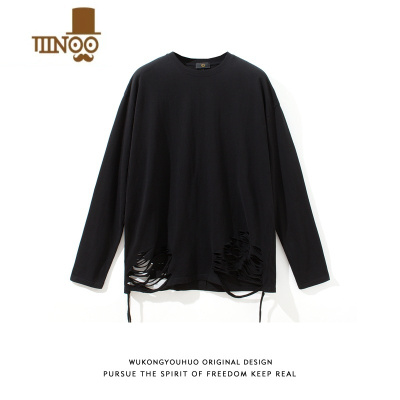 YANXUins高街乞丐风刀割破洞长袖T恤男潮牌宽松bf休闲内搭上衣
