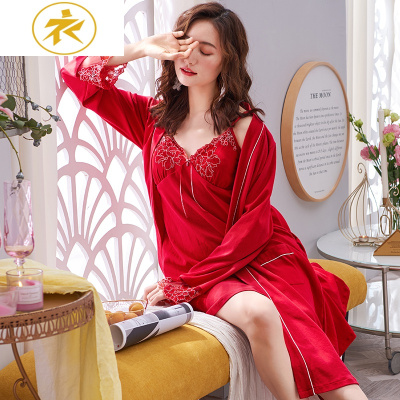 Ideamini结婚睡衣新婚情侣套装棉睡袍男春秋性感睡裙婚礼红色晨袍女新娘